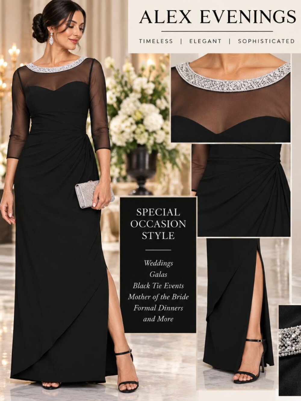 Alex Evenings Black Rhinestone Illusion Neck Formal Gown 14 NWT